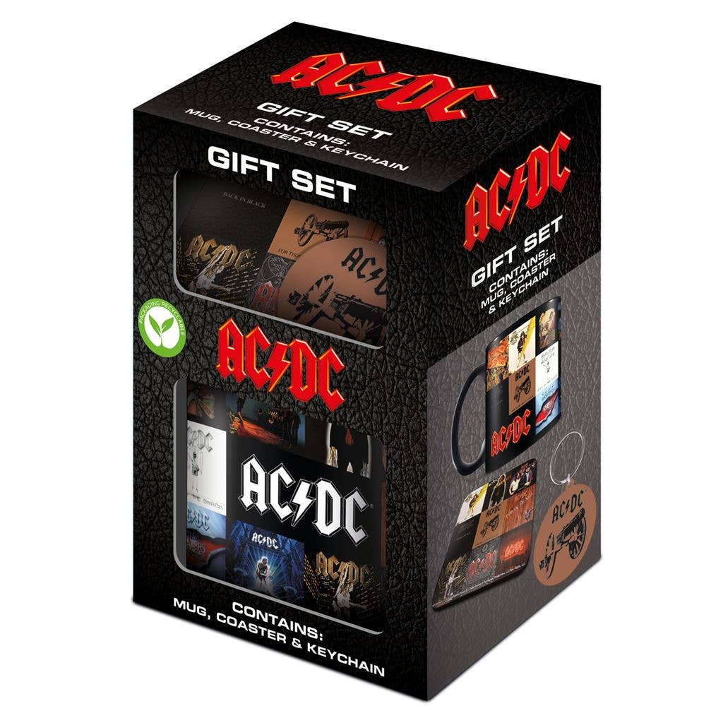 Set de regalo de AC/DC - Álbumes clásicos: taza, posavasos y llavero