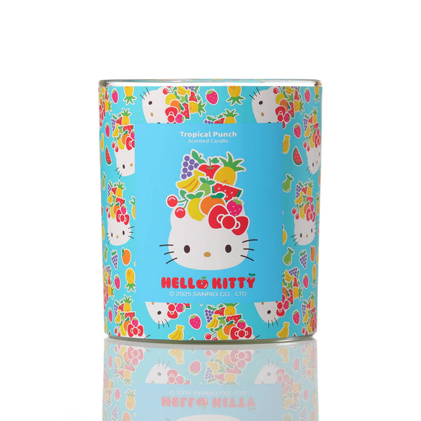 Vela azul con estampado original de Hello Kitty y aroma a ponche tropical