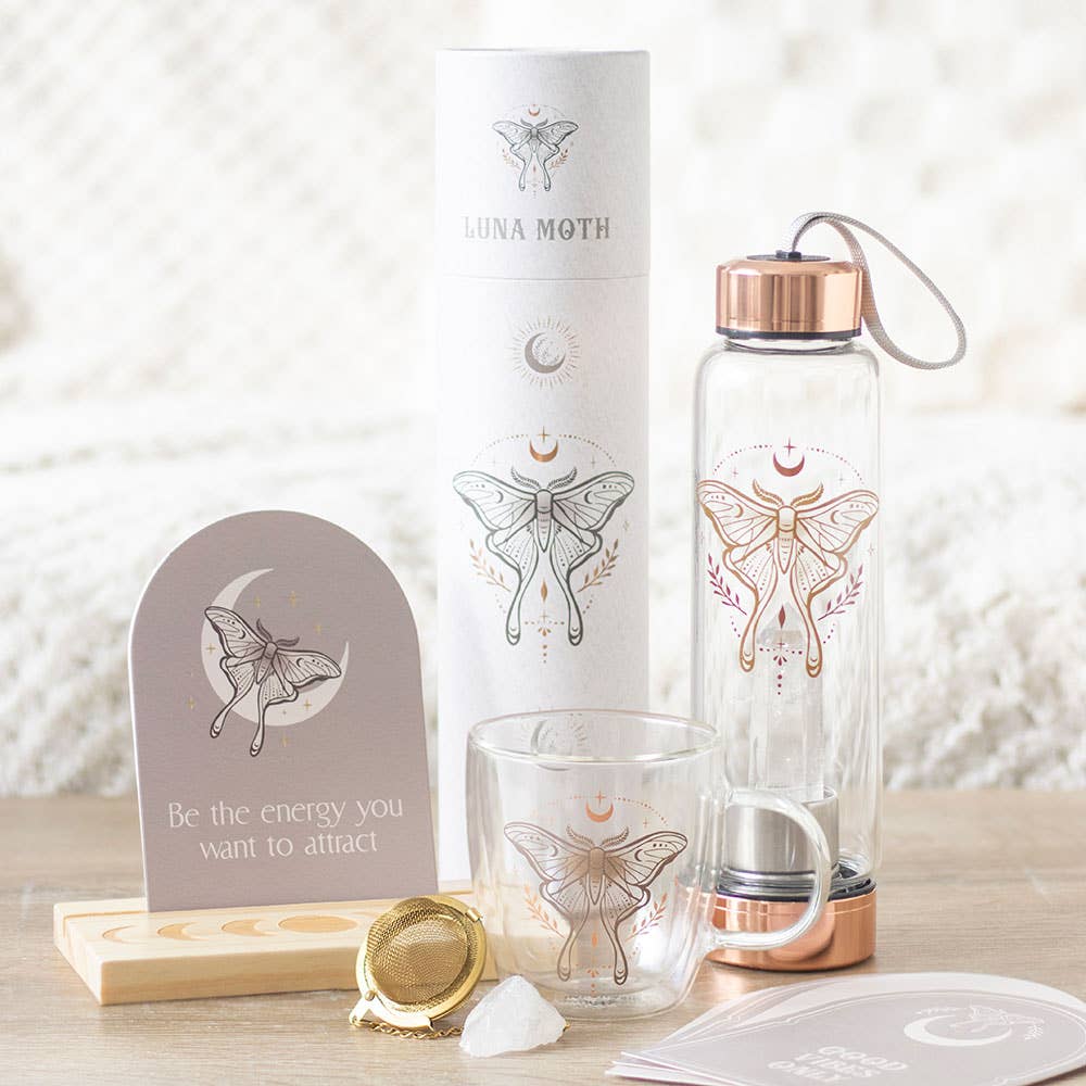 Double-walled glass mug with crystal tea infuser and moon butterfly design