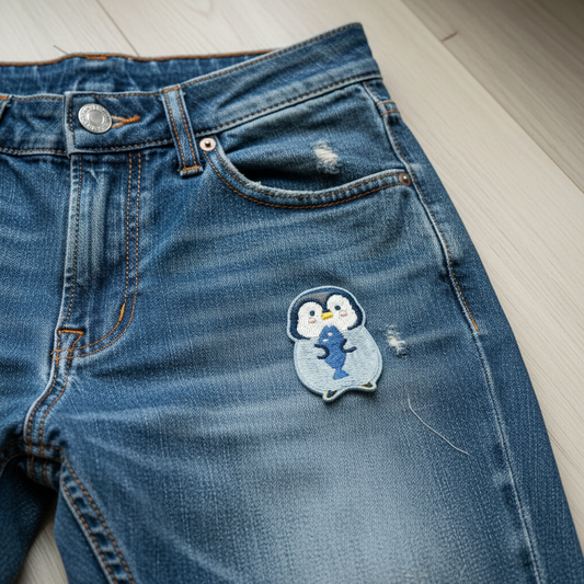 Parche termoadhesivo de pingüino con pez