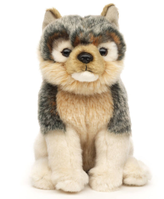 Peluche de cachorro de lobo gris, sentado