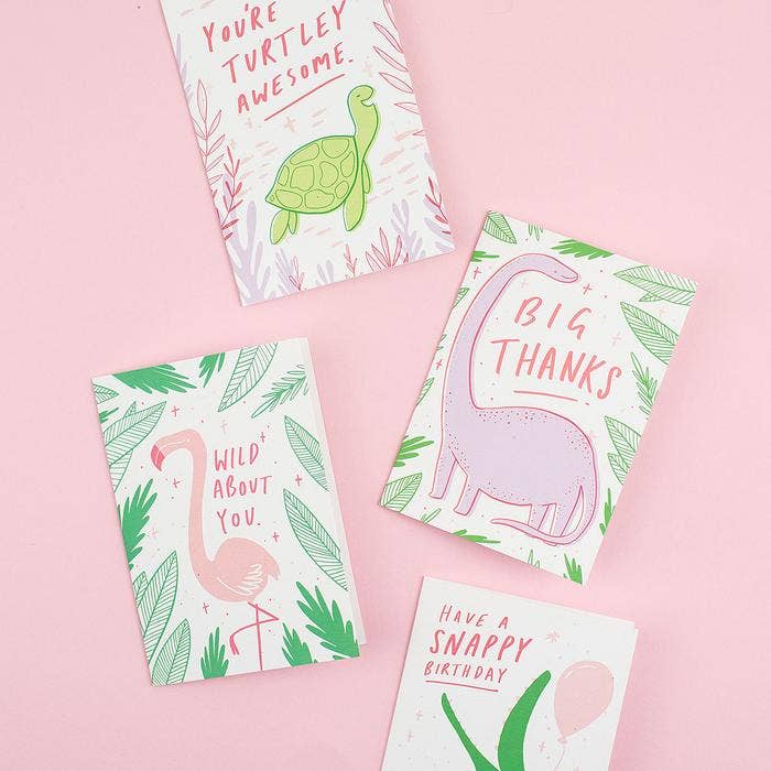 Tarjeta de felicitación de dinosaurio "Muchas gracias"