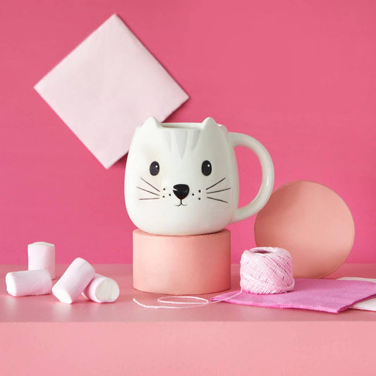 Caneca em cerâmica com estampado de gatinhos, branca, 400 ml, com pega.