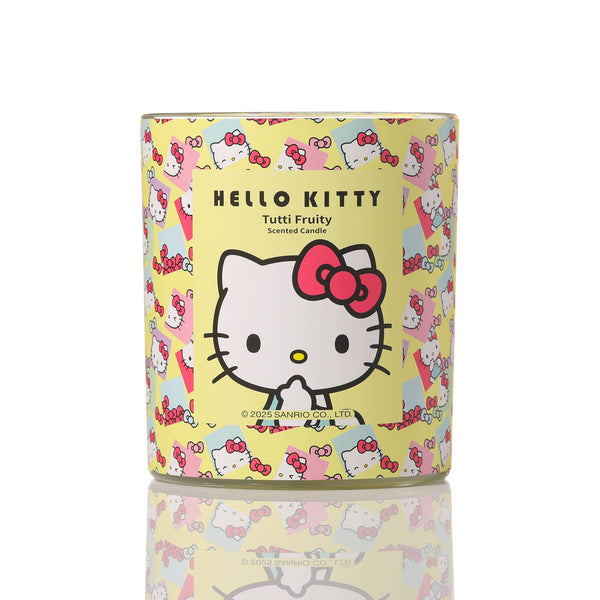 Vela amarilla con estampado original de Hello Kitty, aroma Tutti Frutti