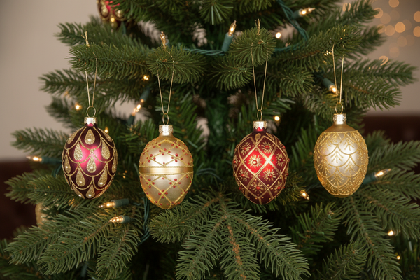 Juego de 4 bolas navideñas ovaladas rojas y doradas