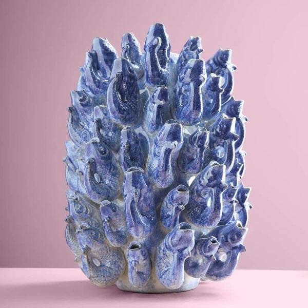 Vaso a forma di banco di pesci, gres blu, 24 x 24 x 32 cm