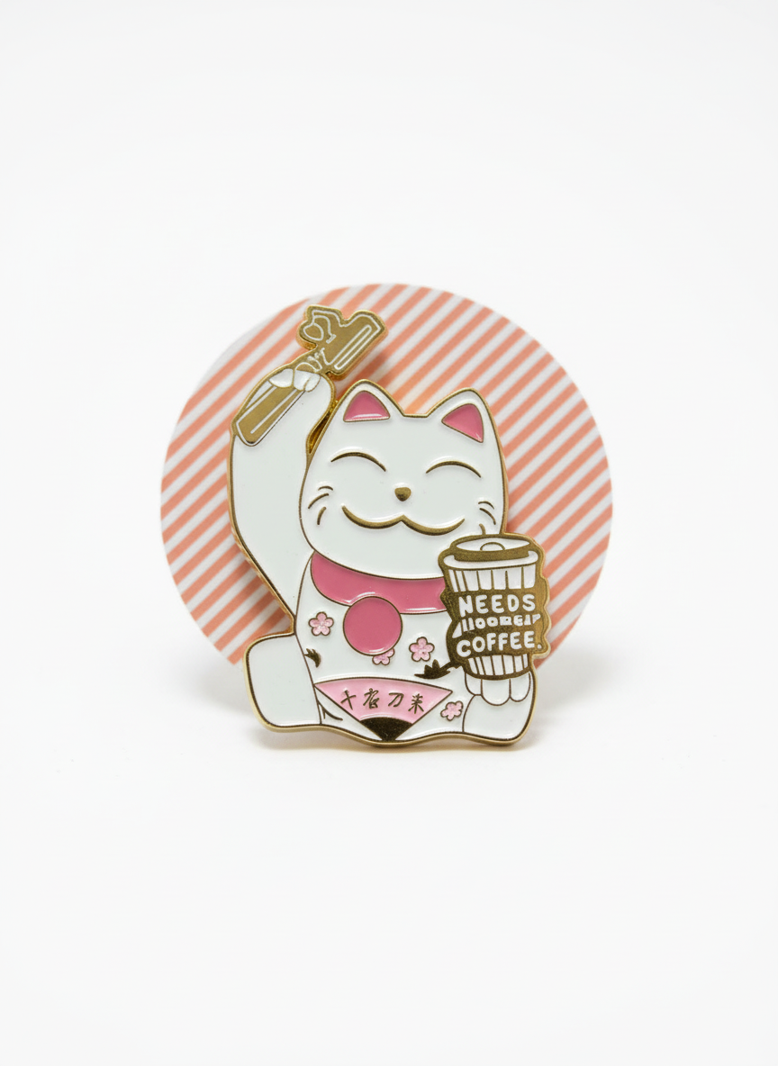 Pin del Gato de la Suerte "Necesita Café"