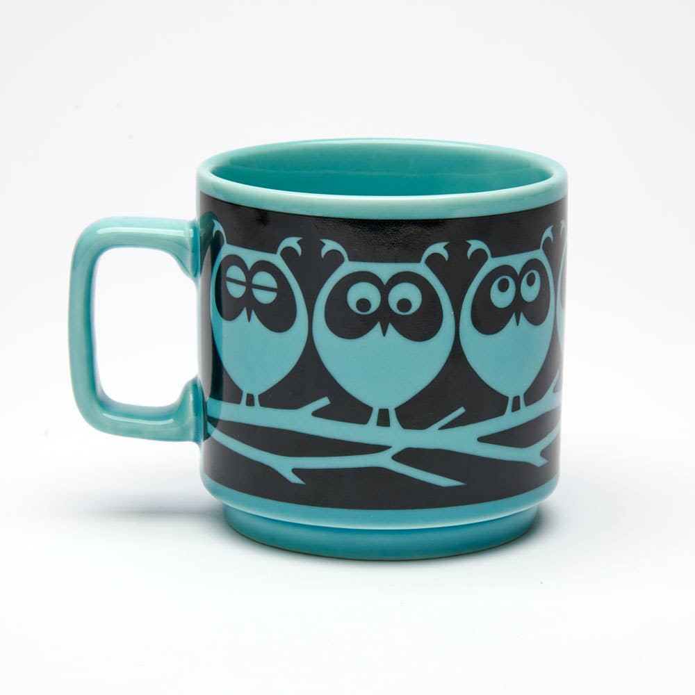 Taza Magpie x Hornsea con diseño de búho en rama, color verde azulado