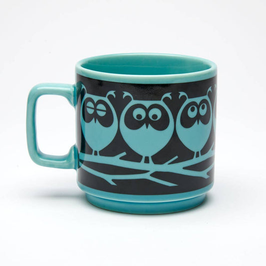 Mug Magpie x Hornsea avec motif hiboux sur branche, bleu sarcelle