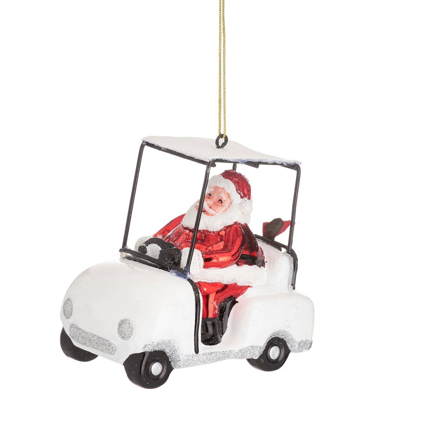 Een bal in de vorm van de Kerstman in een golfkarretje.
