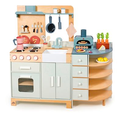 Tender Leaf Jeux de Rôle: LA GRANDE CUISINE LA FIAMMA 100x32,5x101cm, cuisine en deux parties avec évier et cuisinière et meuble de rangement avec four à pizza, avec accessoires, en bois, en boîte, 3+