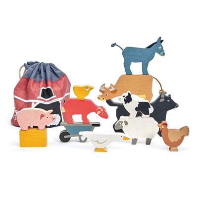 Tender Leaf Animaux: EMPILEUR ANIMAUX DE LA FERME 13x13x13cm, avec 10 animaux, brouette et balle de foin, dans un sac à cordon, en bois, en boîte 16,1x8,2x17,6cm, 3+