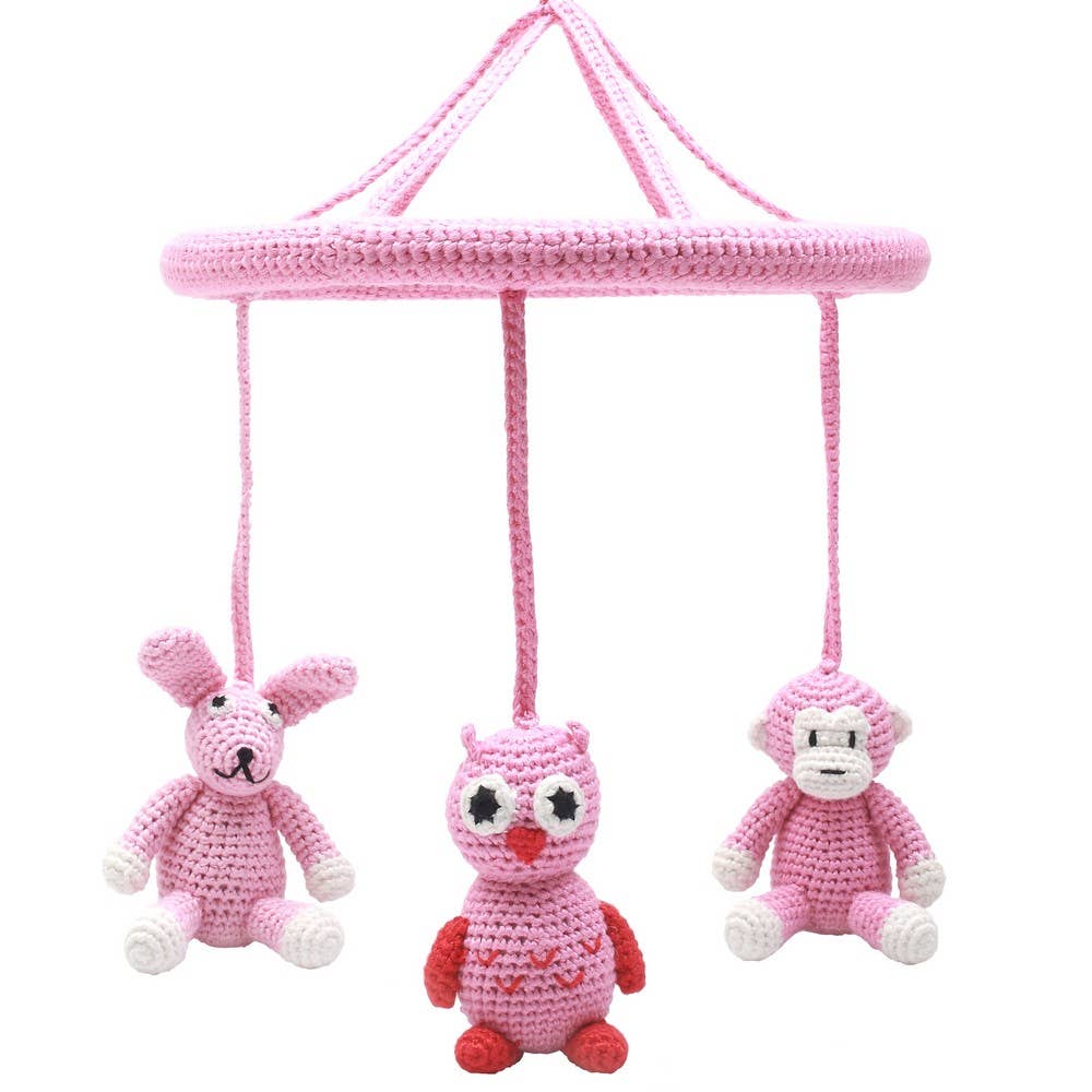 Mobile avec singe, hibou et lapin (rose)