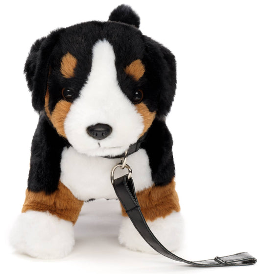 Bernese Mountain Dog plush toy, with leash