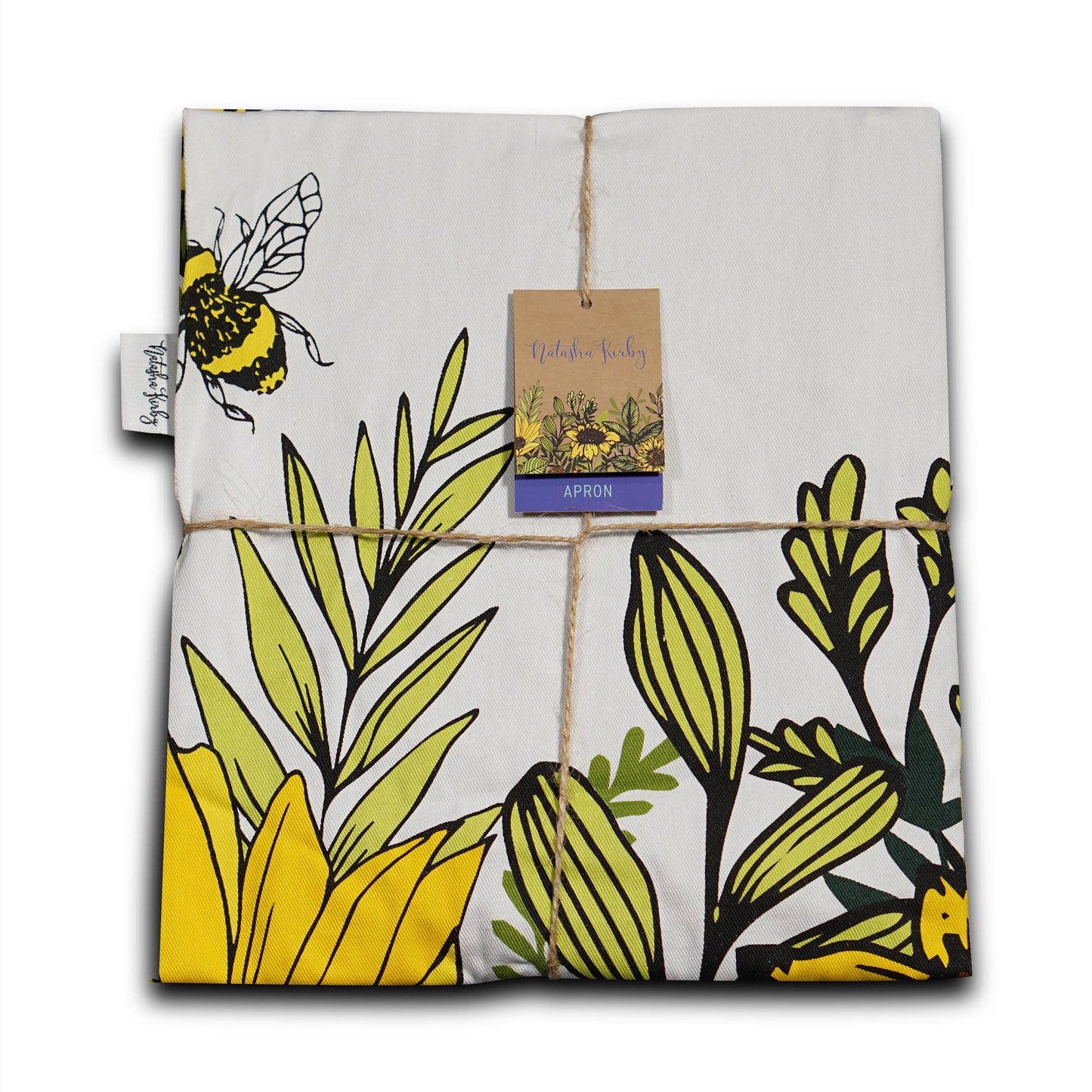 Delantal de algodón reciclado con estampado floral de girasol y abeja