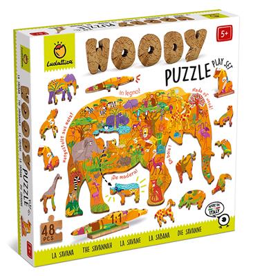 Ludattica Puzzles : WOODY PUZZLE SAVANNE 25x35cm, 48 pièces, 12 figurines, en bois, 5+