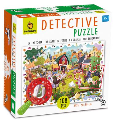 Ludattica Puzzles: PUZZLE DE DETECTIVE LA FERME, 22,5x22,5x9cm, 108 pièces, 50x70cm, avec loupe en bois, 5+