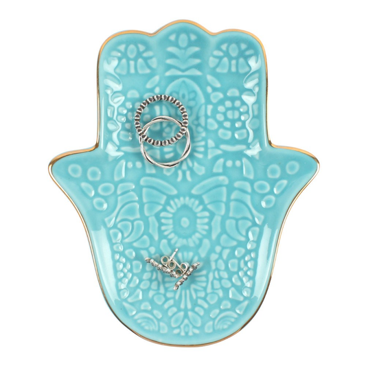 Petit plat à bijoux en céramique turquoise forme main de Hamsa