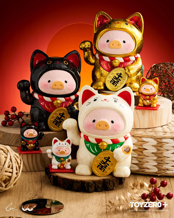 LuLu the Piglet - Maneki Lu (golden cat) - 18cm wooden sculpture