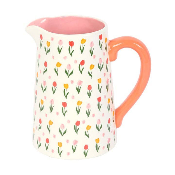 Jarra de cerámica con estampado de tulipanes para la primavera y el Día de la Madre.