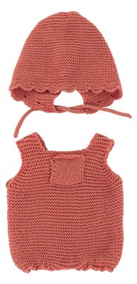 ML Poupées: ENSEMBLE de VÊTEMENTS TRICOTÉ rouge corail fille 32cm, 2 pièces, barboteuse + capuchon, éco et recyclé, sur un cintre, 3+