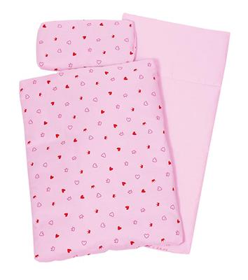 Lit de poupée: LITERIE ROSE avec des COEURS, 3 pièces, couette 41x31cm, oreiller 22x10cm et matelas 54x25cm, 3+