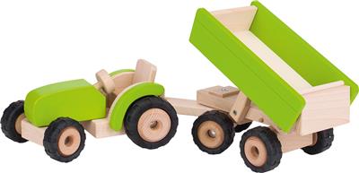 Véhicule en bois: TRACTEUR avec REMORQUE 52x14,5x14cm, vert, avec des pneus en caoutchouc, Made in Europe, 3+
