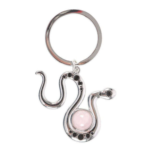 Portachiavi a forma di serpente con cristallo di quarzo rosa