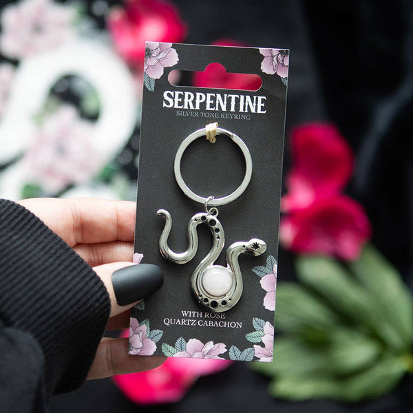 Portachiavi a forma di serpente con cristallo di quarzo rosa