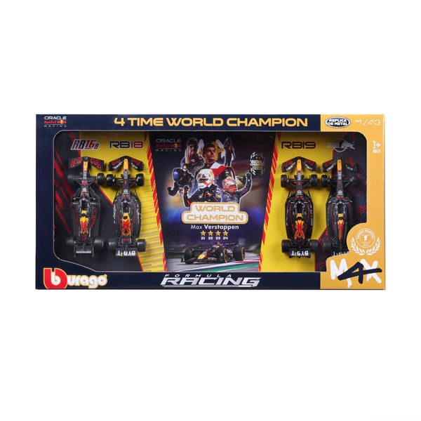 Coffret 4 pièces RED BULL RACING F1 1:43 MAX VERSTAPPEN, QUATRE FOIS CHAMPION DU MONDE