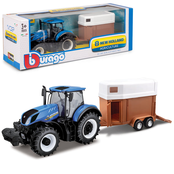 TRACTEUR NEW HOLLAND T7.315 AVEC REMORQUE À CHEVAUX 1:32