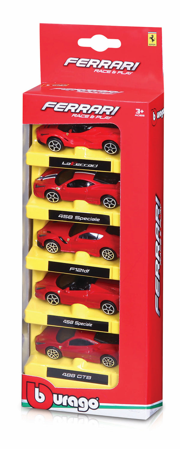 PACK DE 5 VÉHICULES FERRARI RACE AND PLAY 1:64