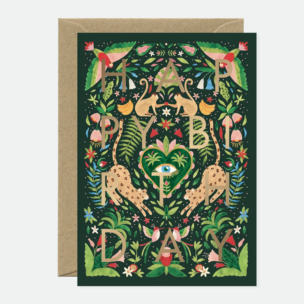 Green Jungle Bday - Greeting card - Gold foil