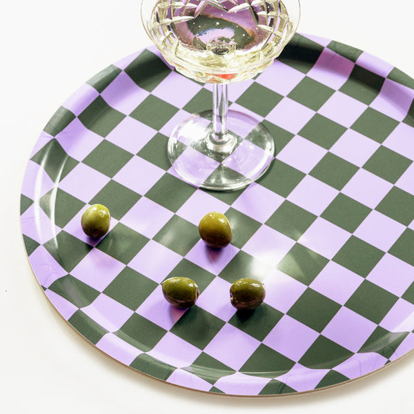 Lilac/Olive CHECKER Round Serving Tray - 31 cm