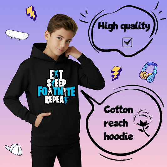 Fringoo gamer Sweat à capuche noir garçon Cotton Rich Soft Hooded Sweatshirt- Eat Fortnite noir