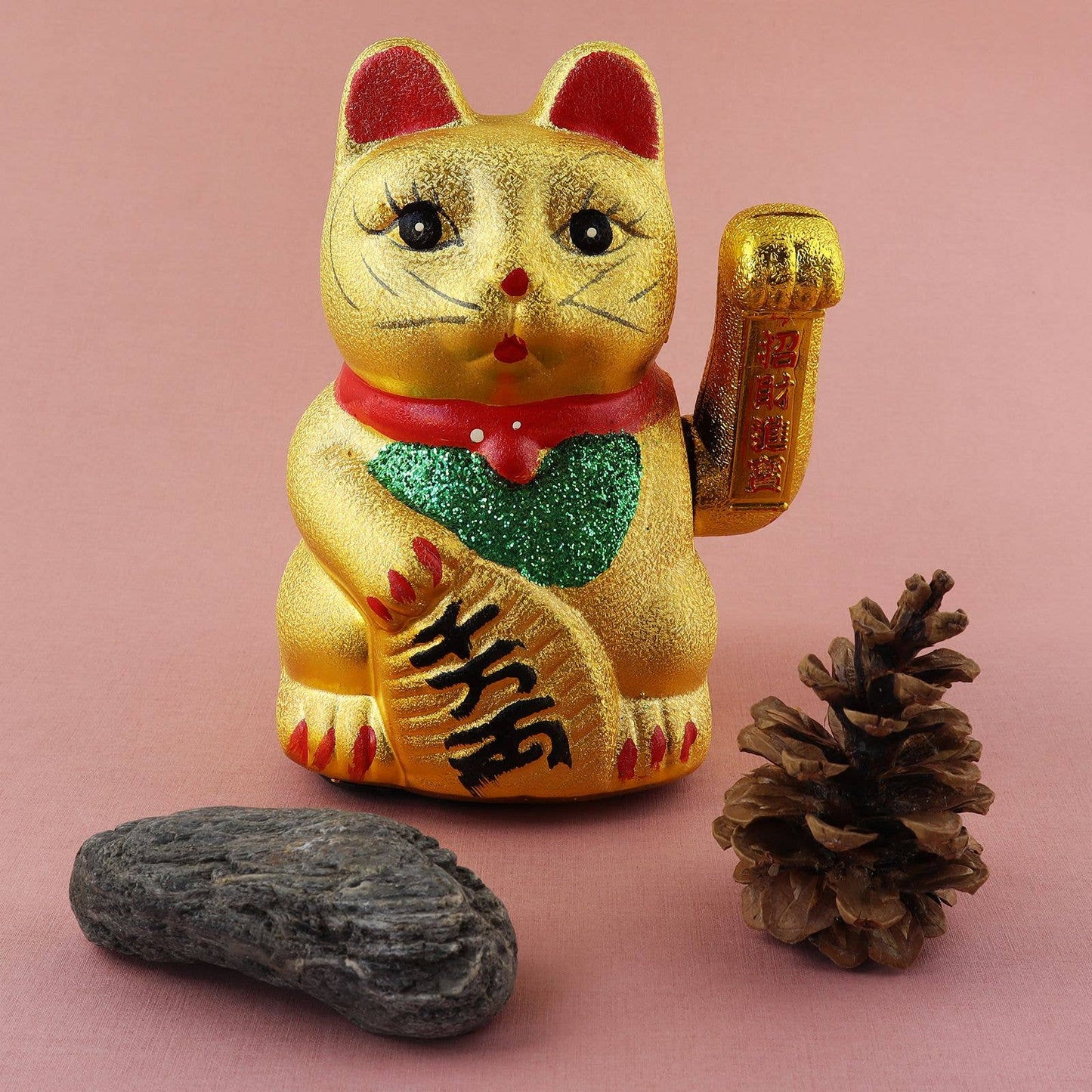 Gato Maneki-neko de la suerte con forma de ola, cerámica, 17 cm, dorado
