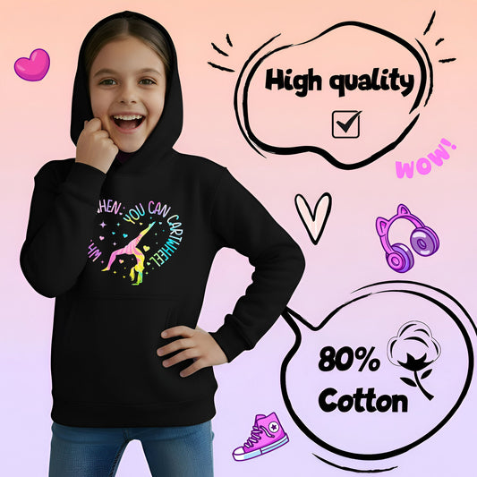 Fringoo Gymnastic Sweat à capuche for enfant Cotton Rich Soft Hooded Sweatshirt- Gymnastic CartWheel- noir