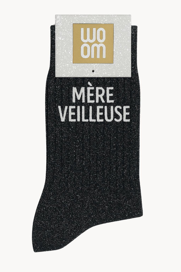 Chaussettes à Paillettes à Message "Mère Veilleuse" - Noir