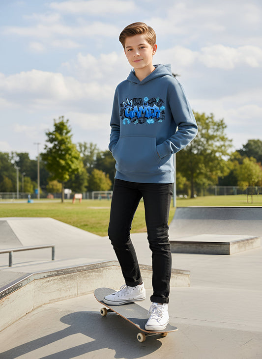 Fringoo gamer Sweat à capuche garçon Cotton Rich Soft Hooded Sweatshirt- gamer Graffiti bleu