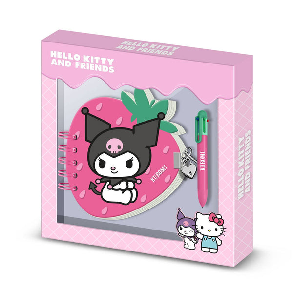 Kuromi Strawberry-Pack de Journal Fraise + Stylo 6 Couleurs
