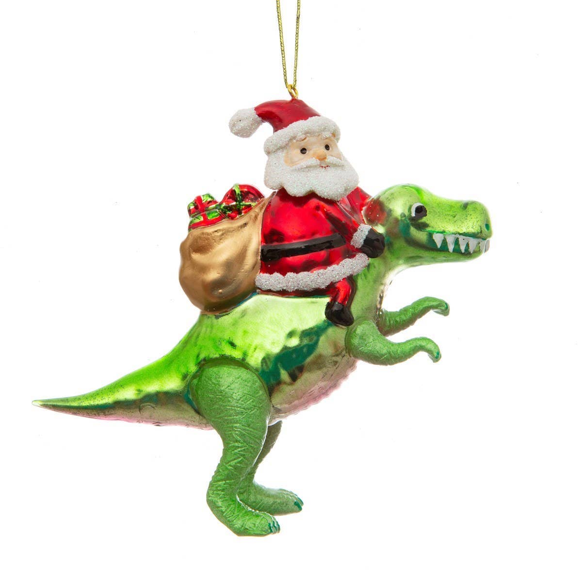 Bola navideña de Papá Noel sobre un dinosaurio