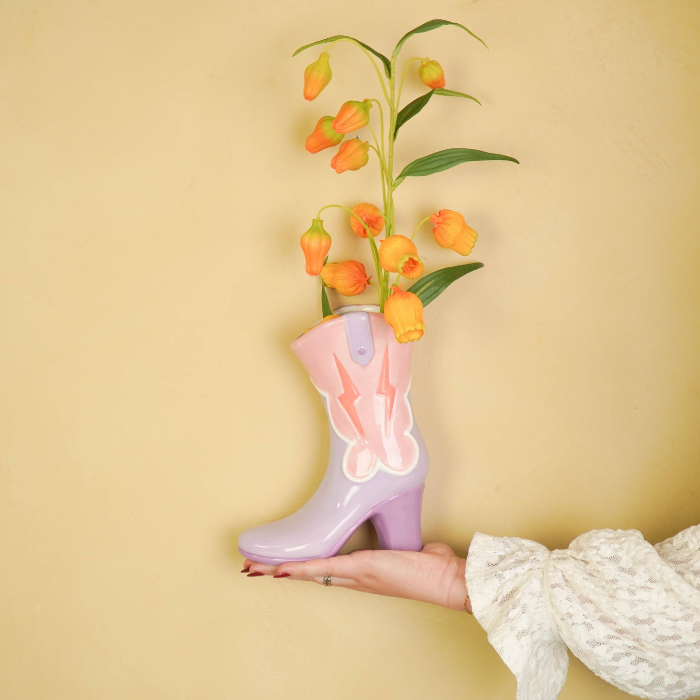 Vase à fleurs - Vase en forme de botte - Céramique - Rose/Lilas - 16,5x10,5x26,5cm