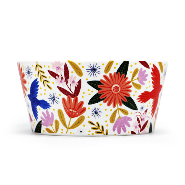 Cuenco de cerámica con diseño floral, mensaje positivo y edificante.