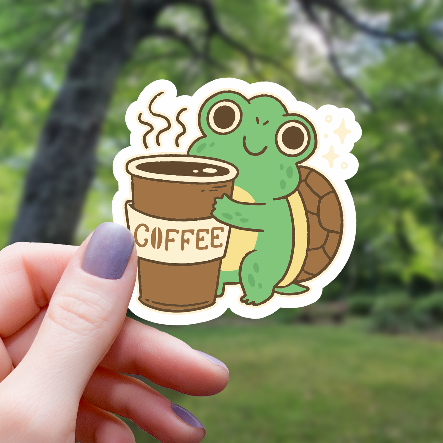Pegatina de tortuga chibi con café