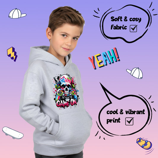 Fringoo gamer Sweat à capuche gris garçon Cotton Rich Soft Hooded Sweatshirt- Game on Skull gris