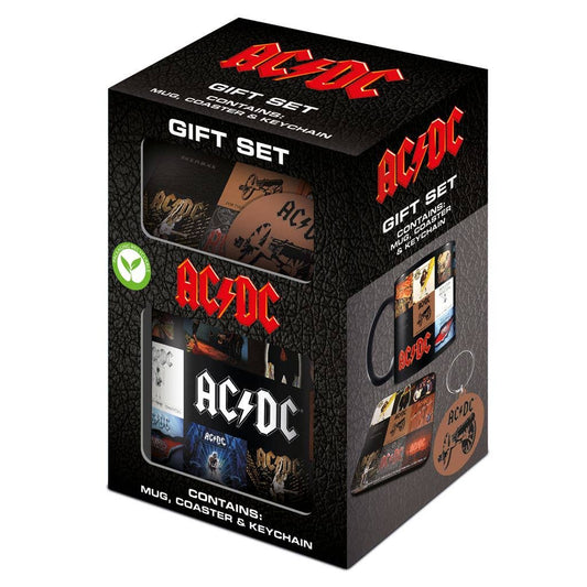Set de regalo de AC/DC - Álbumes clásicos: taza, posavasos y llavero