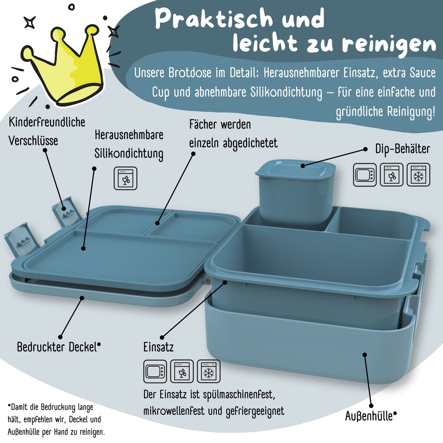Brotdose mit Fächern, leicht & auslaufsicher - Sticker blau
