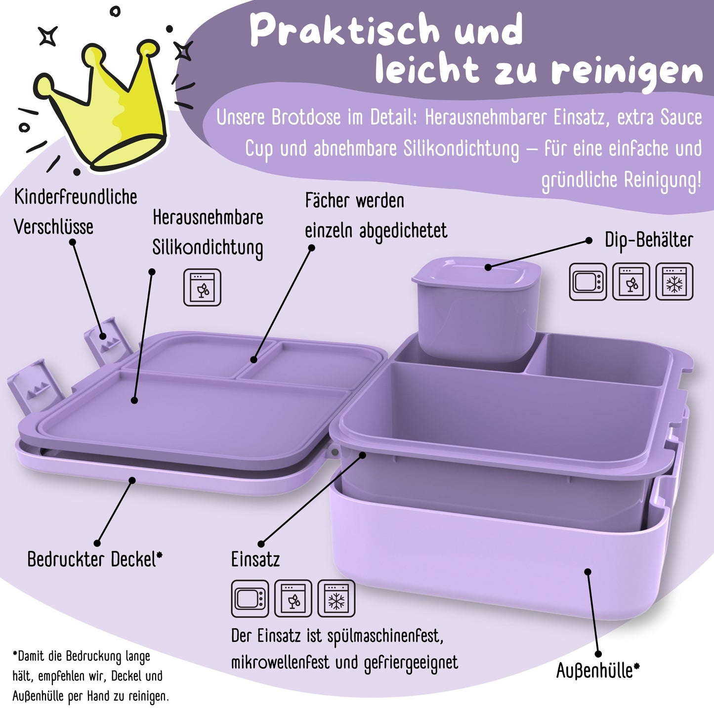 Brotdose mit Fächern, auslaufsicher - Hund & Katze lila