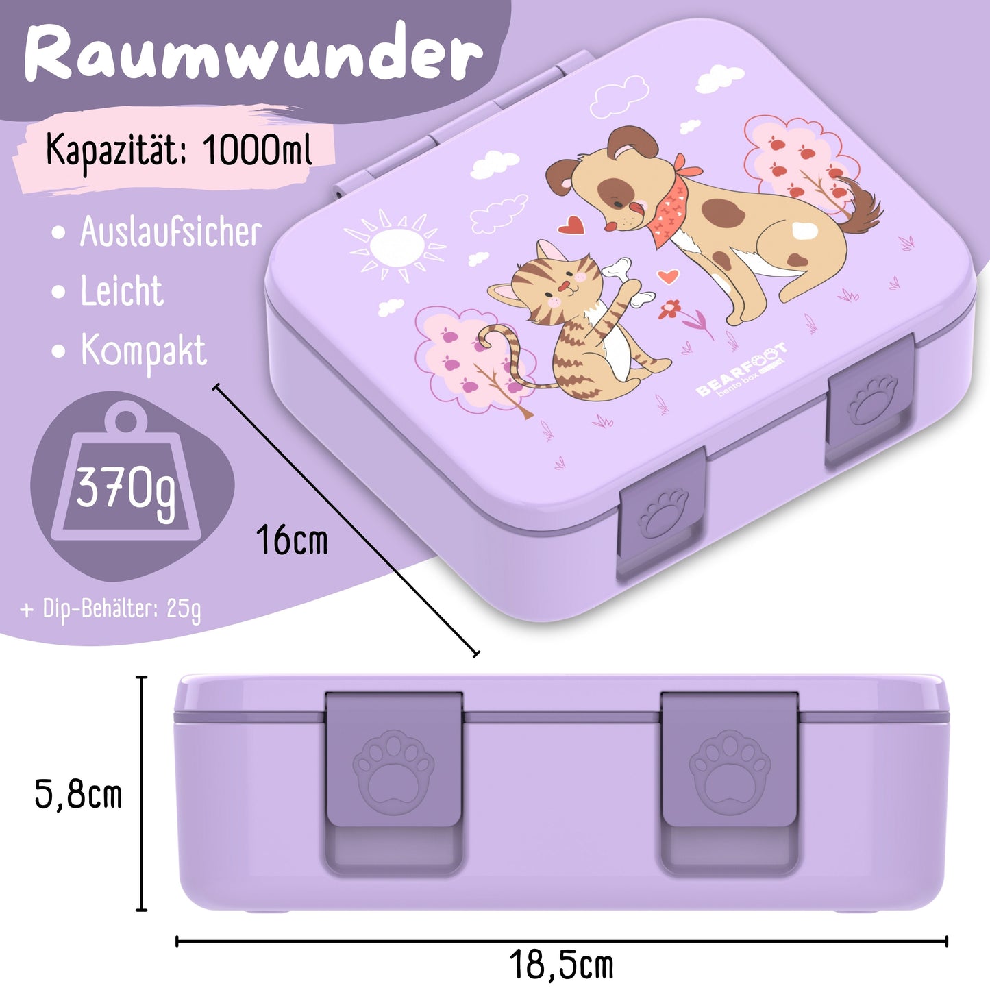Brotdose mit Fächern, auslaufsicher - Hund & Katze lila