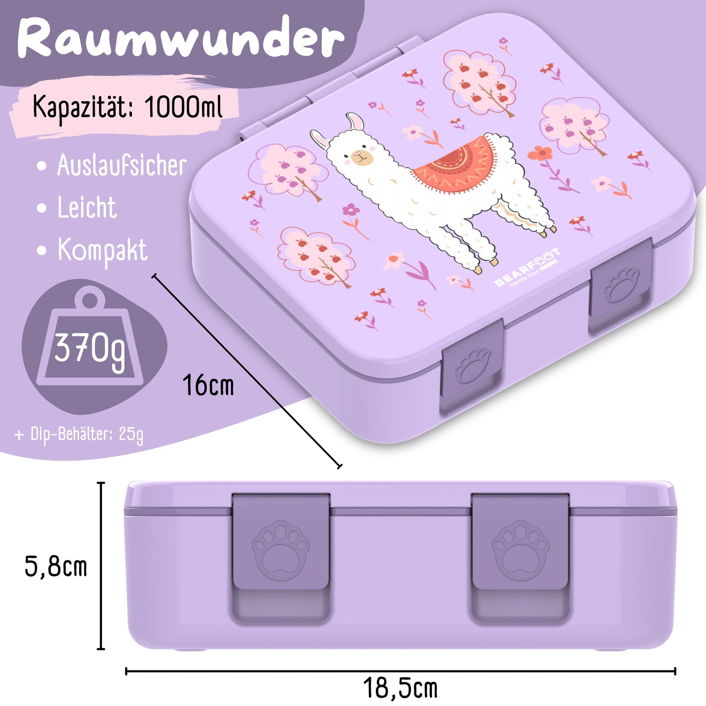 Brotdose mit Fächern, leicht & auslaufsicher - Lama lila